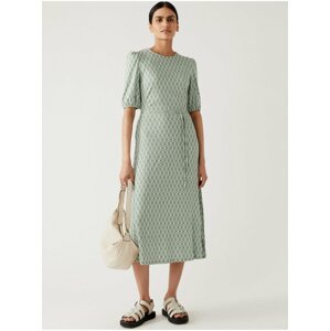 Krémovo-zelené dámské vzorované midi šaty s páskem Marks & Spencer