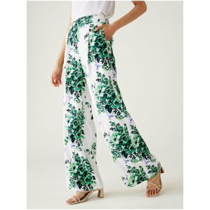 Bílo-zelené dámské květované saténové široké kalhoty Marks & Spencer