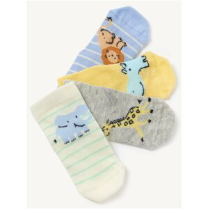 Sada čtyř párů dětských ponožek se zvířátky v krémové, šedé, žluté a světle modré barvě Marks & Spencer