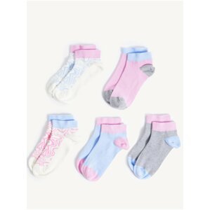 Sada pěti párů holčičích ponožek v růžové, bílé, světle modré a šedé barvě Marks & Spencer