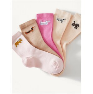 Sada pěti párů holčičích ponožek s motivem psa v růžové, světle hnědé a meruňkové barvě Marks & Spencer