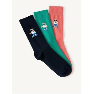 Sada tří párů pánských ponožek v tmavé modré, zelené a korálové  barvě s motivem medvídka Spencera Marks & Spencer