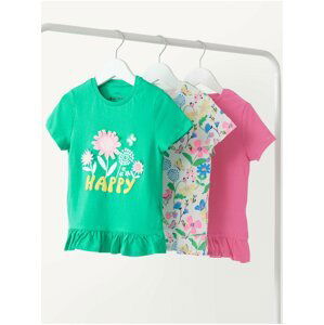 Sada tří holčičích květovaných triček v zelené, bílé a růžové barvě Marks & Spencer