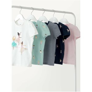 Sada pěti holčičích bavlněných triček v bílé, tyrkysové, tmavě modré a růžové barvě Marks & Spencer