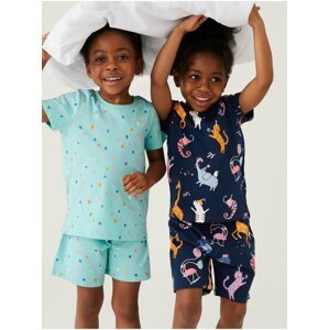 Sada dvou holčičích vzorovaných pyžam v tyrkysové a tmavě modré barvě Marks & Spencer