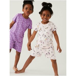 Sada dvou holčičích vzorovaných pyžam v světle růžové a fialové barvě Marks & Spencer