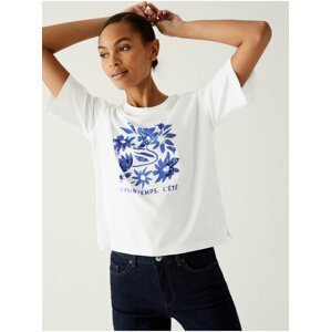 Modro-bílé dámské bavlněné tričko s flitry a potiskem Marks & Spencer