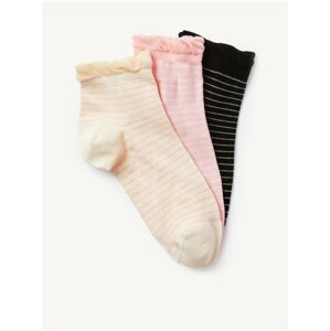 Sada tří párů dámských proužkovaných ponožek v meruňkové, růžové a černé barvě Marks & Spencer