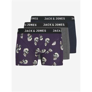 Sada tří pánských boxerek v šedé, fialové a modré barvě Jack & Jones Chike