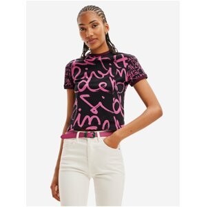 Růžovo-černé dámské vzorované tričko Desigual Lettering Retro