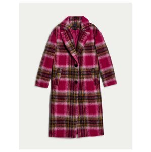 Tmavě růžový dámský kostkovaný kabát s příměsí vlny Marks & Spencer