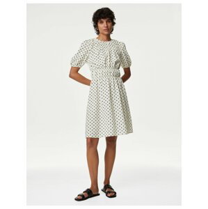 Krémové dámské puntíkované midi šaty s řasením Marks & Spencer