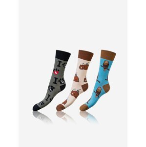 Sada tří párů unisex vzorovaných ponožek v šedé, béžové a modré barvě Bellinda CRAZY SOCKS