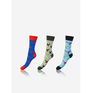 Sada tří párů unisex vzorovaných ponožek v modré, světle zelené a světle modré barvě Bellinda CRAZY SOCKS