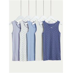 Sada pěti holčičích vzorovaných tílek v modré, fialové a bílé barvě Marks & Spencer