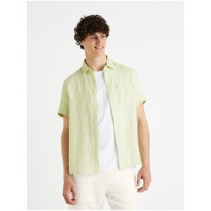 Světle zelená pánská lněná košile s krátkým rukávem Celio Damarlin