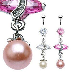 Luxusní piercing do bříška s velkým oválným zirkonem a s perlou - Barva zirkonu: Růžová - P
