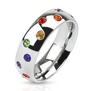 Ocelový prsten - stříbrný kroužek, barevné kamínky - Velikost: 70