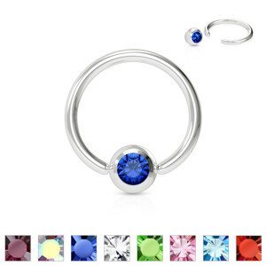 Piercing z chirurgické oceli - kroužek s barevným krystalkem v kulaté objímce - Rozměr: 1,2 mm x 10 mm, Barva zirkonu: Modrá - B