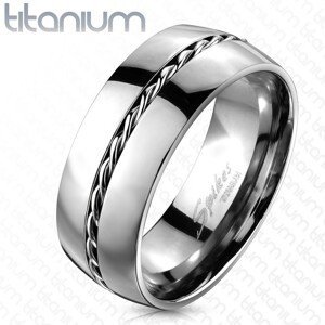 Titanový prsten - stříbrný kroužek, točený drátek uprostřed - Velikost: 62