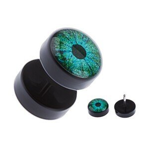 Černý akrylový fake plug do ucha - zelené oko