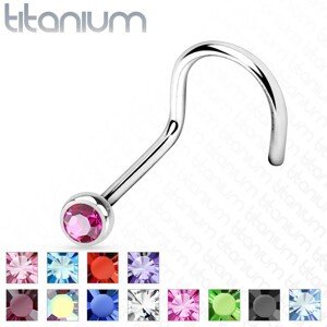 Titanový piercing do nosu zahnutý se zirkonem, 2 mm, tloušťka 1 mm - Barva zirkonu: Aqua modrá - Q