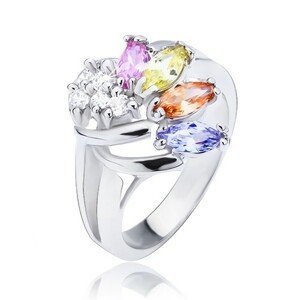 Lesklý prsten stříbrné barvy, vějíř z barevných a čirých zirkonů - Velikost: 52