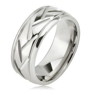 Stříbrný prsten z oceli, šikmé linie a vodorovné zářezy - Velikost: 59