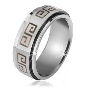 Lesklý prsten z oceli - matná točící se obruč, šedý řecký klíč - Velikost: 59