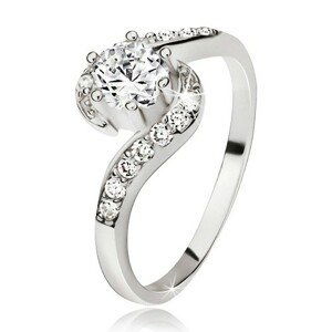 Stříbrný prsten 925, zvlněná zirkonová ramena, kulatý čirý kamínek - Velikost: 48
