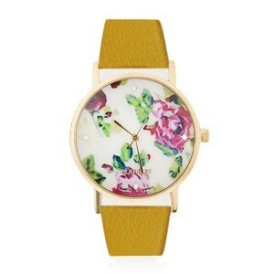 Analogové hodinky - ciferník s květy růží a zirkony, žlutý náramek