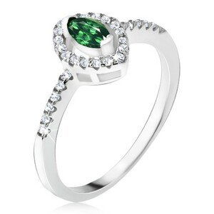 Stříbrný prsten 925 - elipsovitý zelený kamínek, zirkonová kontura - Velikost: 57
