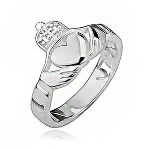 Stříbrný prsten 925 - srdce, ruce, korunka, výřezy po obvodu - Velikost: 56