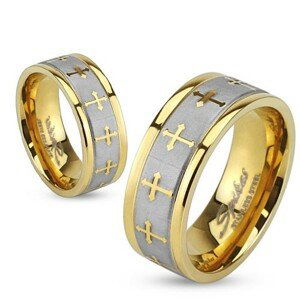 Prsten z oceli zlaté barvy, stříbrný saténový pás, jetelové kříže - Velikost: 68