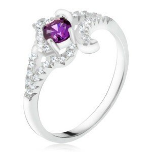 Stříbrný prsten 925, fialový kamínek, zakroucená zirkonová ramena - Velikost: 55