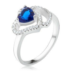 Prsten ze stříbra 925, modrý srdíčkovitý kámen, zirkonové obrysy srdcí - Velikost: 56