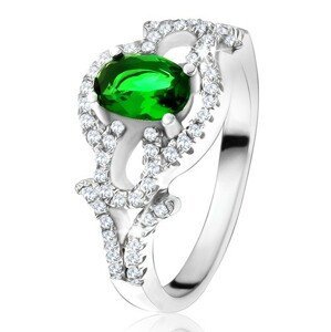 Prsten s oválným zeleným kamenem, čirý kruh, kapky, ze stříbra 925 - Velikost: 51