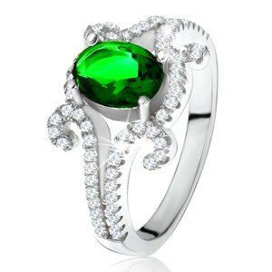 Prsten ze stříbra 925, oválný zelený kámen, zatočená zirkonová ramena - Velikost: 54