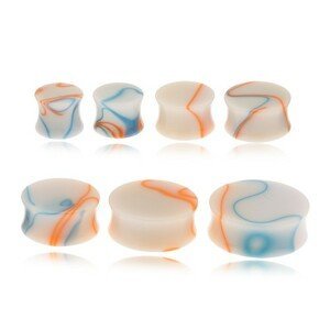 Akrylový plug do ucha, béžová farba, modro-oranžové línie - Tloušťka : 16  mm, Barva: Oranžovo-žlutá