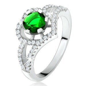 Prsten s rozdvojenými rameny, zelený zirkon, obrys srdce, stříbro 925 - Velikost: 50