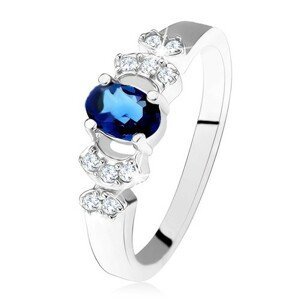 Lesklý prsten - stříbro 925, tmavě modrý oválný zirkon, čiré kamínky - Velikost: 62