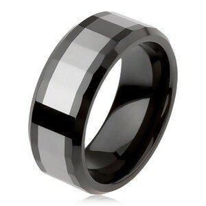 Lesklý wolframový prsten, dvoubarevný, geometricky broušený povrch - Velikost: 59