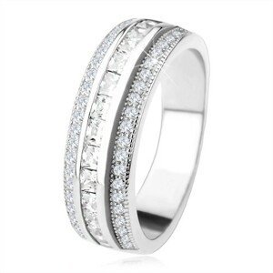 Třpytivý prsten ze stříbra 925, vyvýšený střední pás, čiré zirkony - Velikost: 56