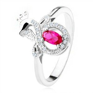 Stříbrný prsten 925 s tmavě růžovým oválným kamenem, zirkonový páv - Velikost: 55