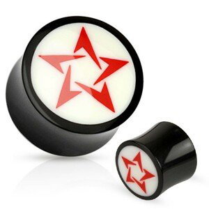 Kruhový černobílý plug do ucha z přírodního materiálu, červená hvězda - Tloušťka : 10 mm