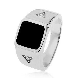 Stříbrný prsten 925, čtverec s černou glazurou, trojúhelníky se zirkonem - Velikost: 64