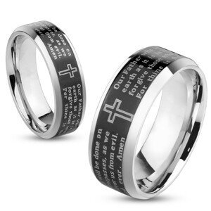 Prsten z oceli, stříbrná barva, černý pásek s modlitbou Otčenáš, 6 mm - Velikost: 54
