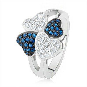 Prsten ze stříbra 925, čtyři srdíčka - drobné čiré a modré kamínky - Velikost: 60