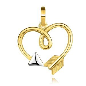 Přívěsek ze 14karátového zlata - obrys srdce se smyčkou, Amorův šíp