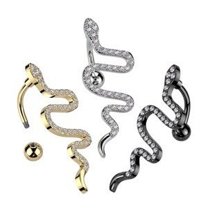 Ocelový piercing do pupíku - plazící se had, čirý zirkon, PVD - Barva: Zlatá